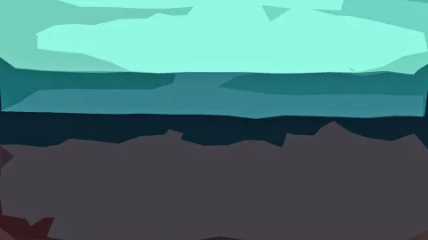 Abstrakte Landschaft aus flachen, kantigen Flächen in Mint, Petrol und Dunkelgrau, unten ein rötlicher Rand.