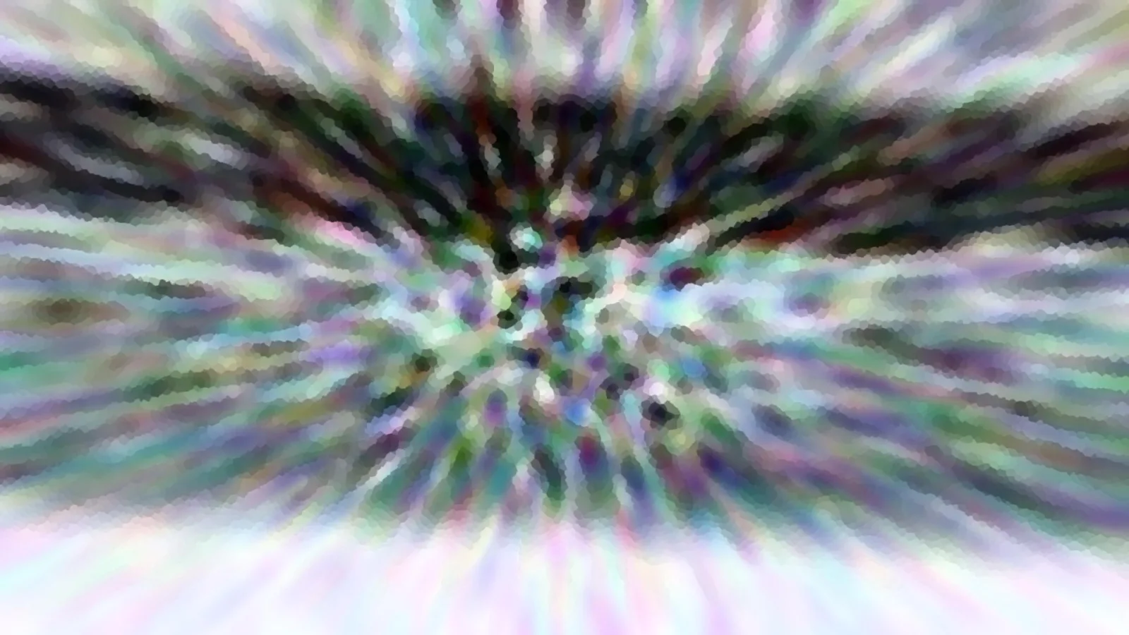 Abstraktes Bild mit radial verlaufenden, bunten Schlieren in Grün, Violett und Weiß, in der Mitte ein helleres Zentrum mit mosaikartiger Struktur.