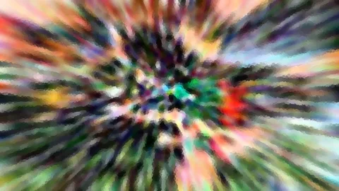 Abstrakte Komposition aus bunten Farbstreifen, die von einem dunklen Zentrum radial nach außen strahlen, mit mosaikartiger Pixelstruktur.