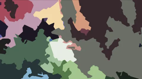 Abstraktes Bild aus unregelmäßigen Farbflächen in Rosa, Dunkelgrün, Hellgrün, Cremeweiß, Beige, Orange und Grau.