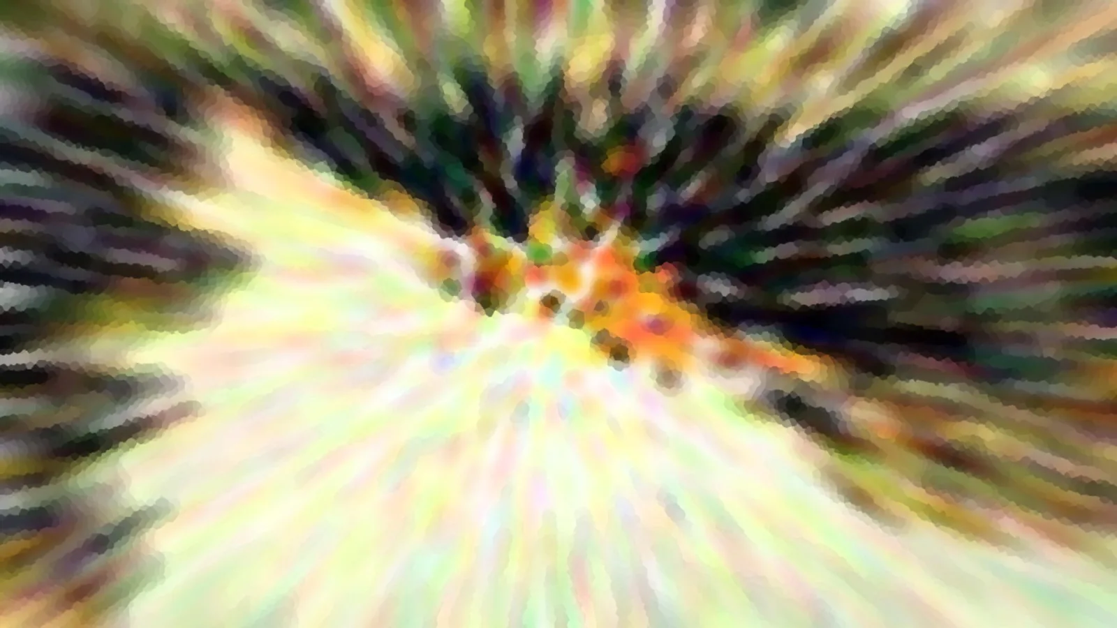 Abstrakte Komposition mit radial von der Mitte nach außen laufenden, verwischten Streifen in Gelb, Grün, Orange und Schwarz, grob gepixelt.