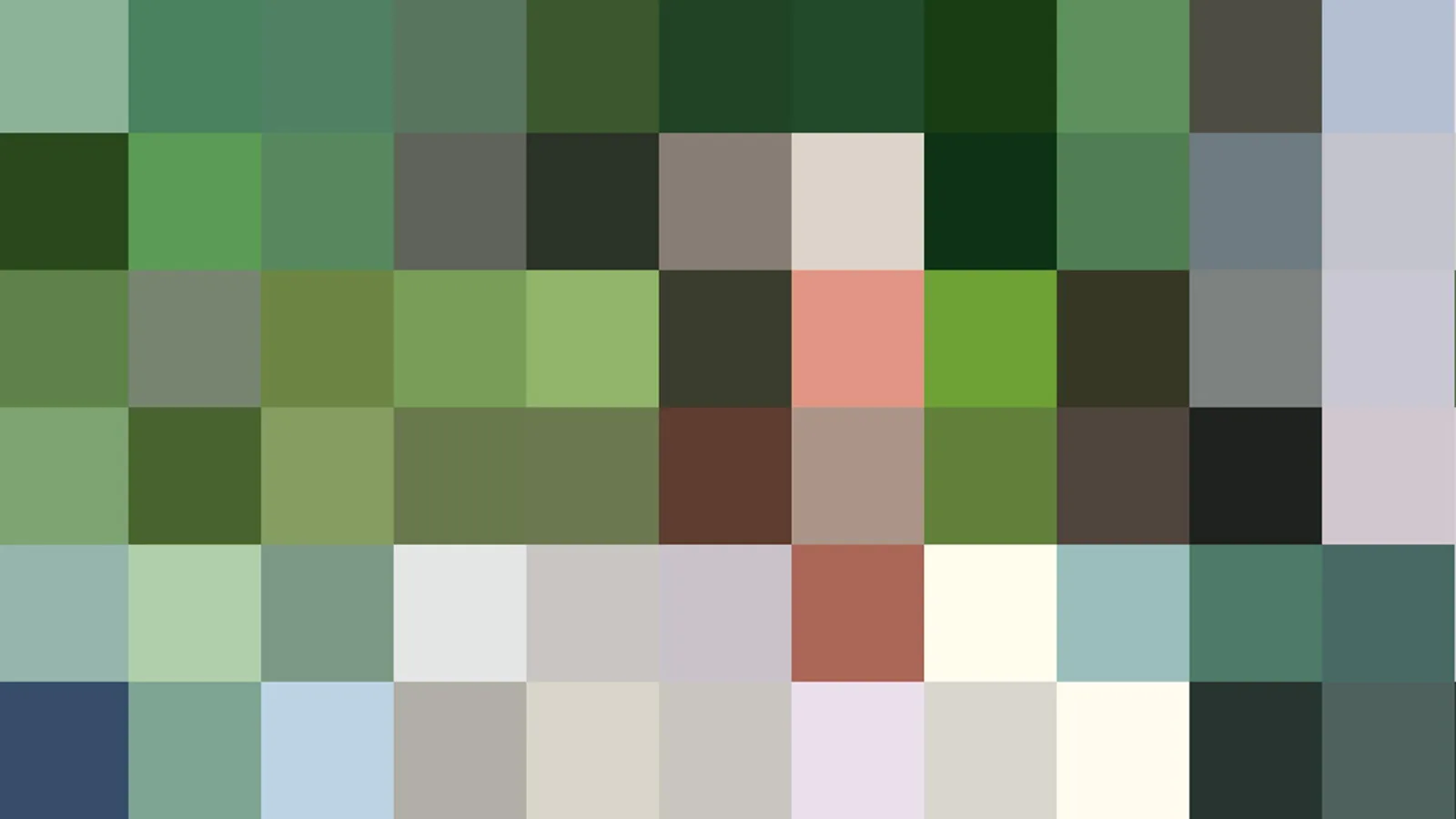 Mosaik aus rechteckigen Farbfeldern in Grün-, Grau-, Beige- und Rosatönen.