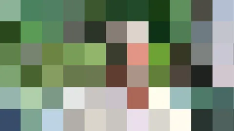 Mosaik aus rechteckigen Farbfeldern in Grün-, Grau-, Beige- und Rosatönen.