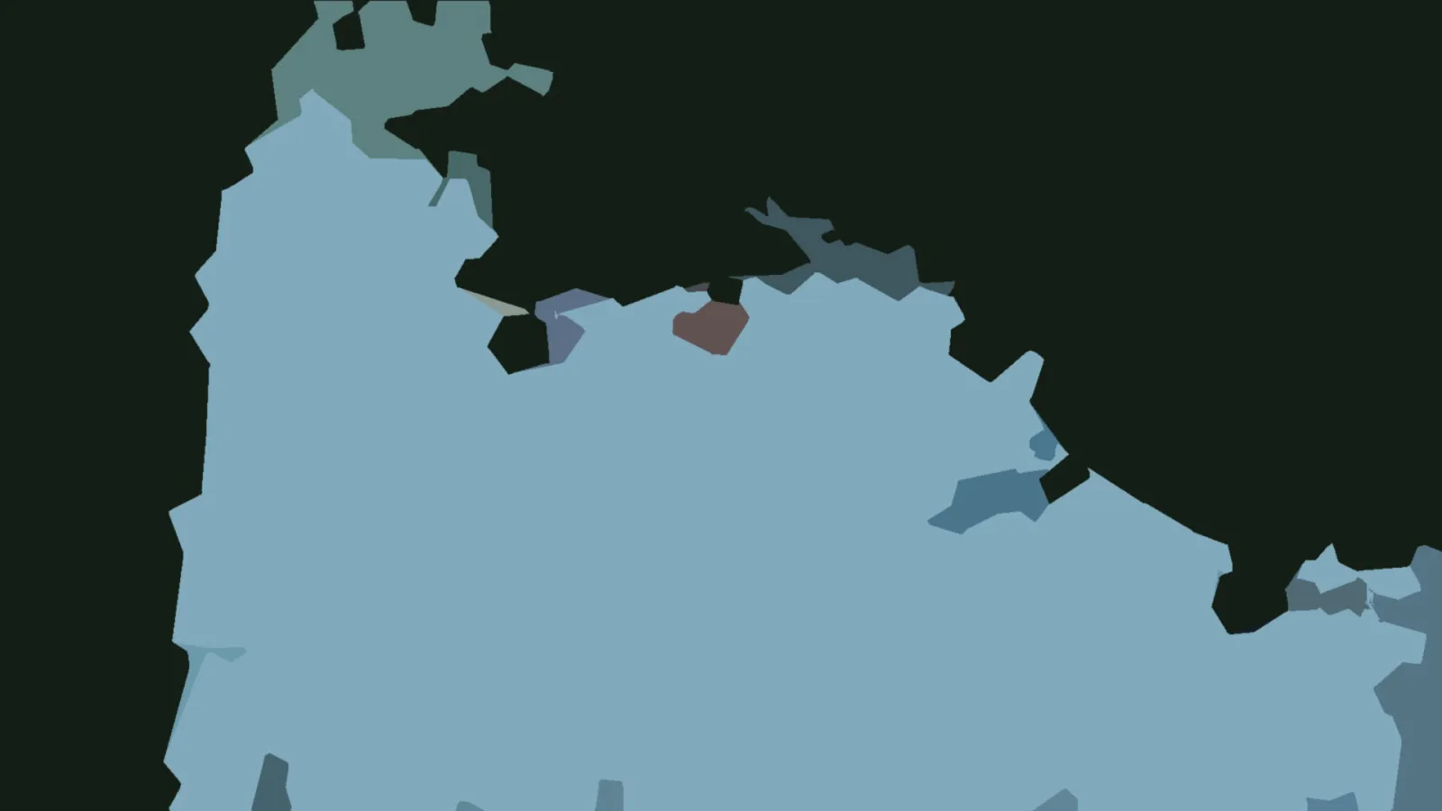 Abstrakte Komposition aus großen hellblauen und dunkleren blaugrauen Flächen mit kantigen Rändern vor schwarzem Grund, dazu ein kleiner brauner Fleck.