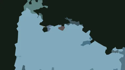 Abstrakte Komposition aus großen hellblauen und dunkleren blaugrauen Flächen mit kantigen Rändern vor schwarzem Grund, dazu ein kleiner brauner Fleck.