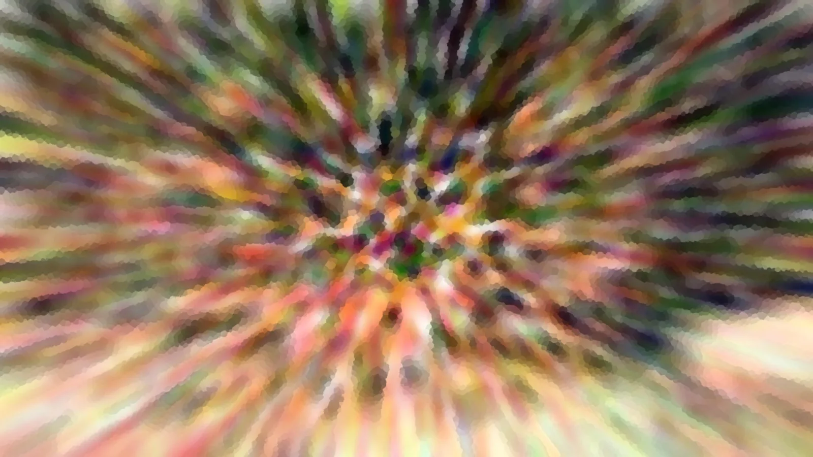 Abstrakte Komposition aus bunten Farbstreifen, die von einem hellen Zentrum radial nach außen laufen und pixelig verwischt sind.