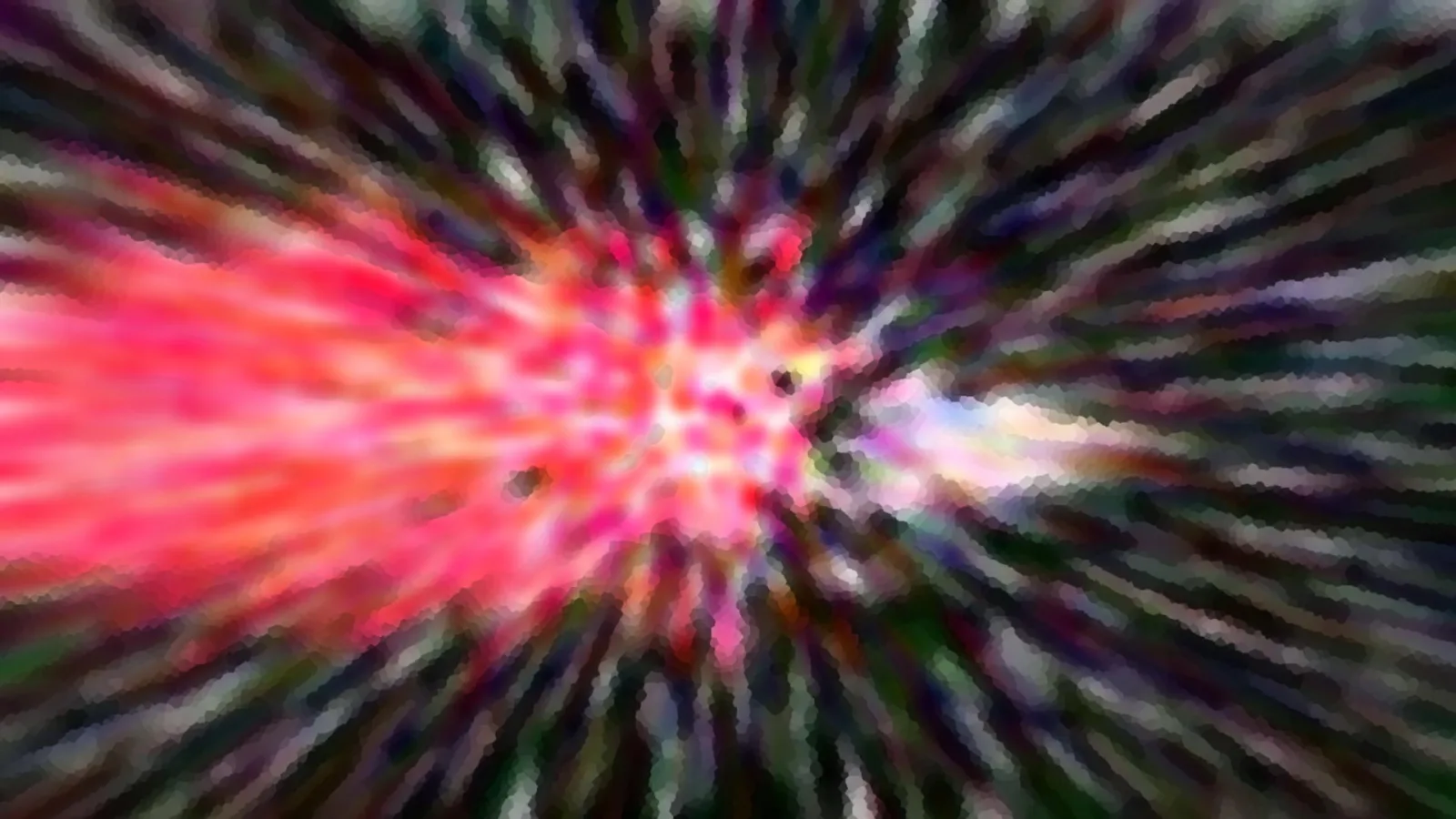Abstraktes Bild mit roten und pinken Farbstrahlen, die von einem hellen Zentrum radial nach außen laufen, an den Rändern dunkel und mit grünlichen und violetten Akzenten.