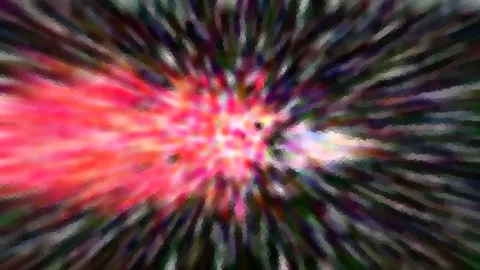 Abstraktes Bild mit roten und pinken Farbstrahlen, die von einem hellen Zentrum radial nach außen laufen, an den Rändern dunkel und mit grünlichen und violetten Akzenten.