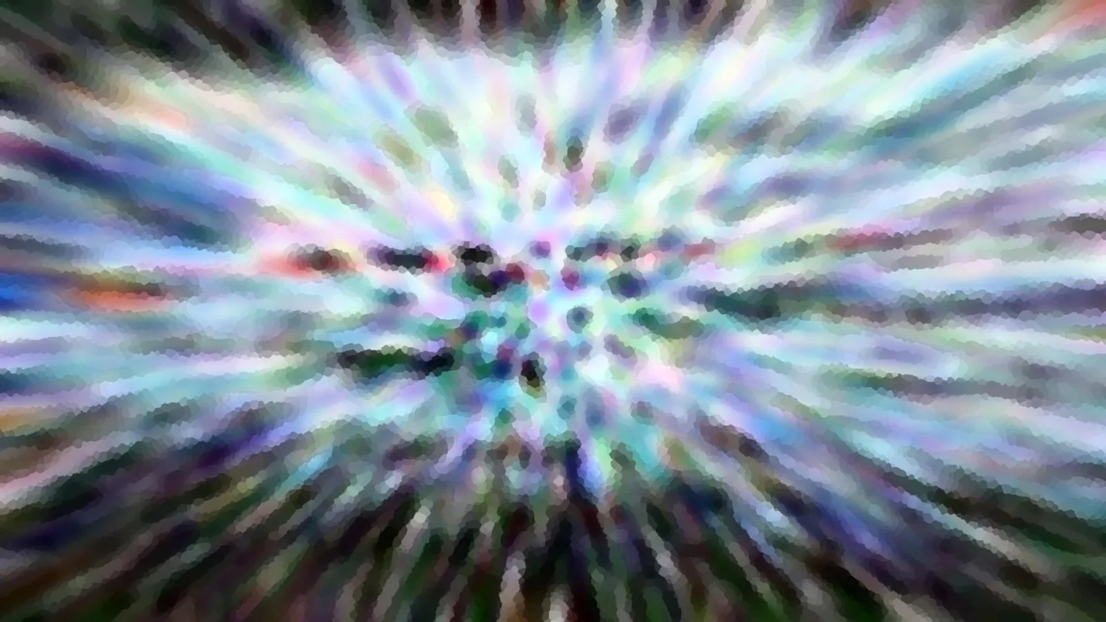 Abstraktes Bild mit radial von der Mitte ausstrahlenden Streifen in Blau, Violett, Grün und Weiß, die sich in einer körnigen, mosaikartigen Struktur auflösen.