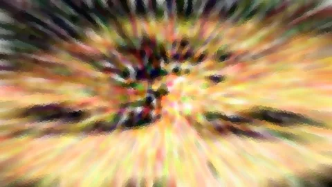 Abstrakte, verwischte Komposition mit radial von einem dunkleren Zentrum ausstrahlenden gelben, orangefarbenen, grünen und violetten Streifen.