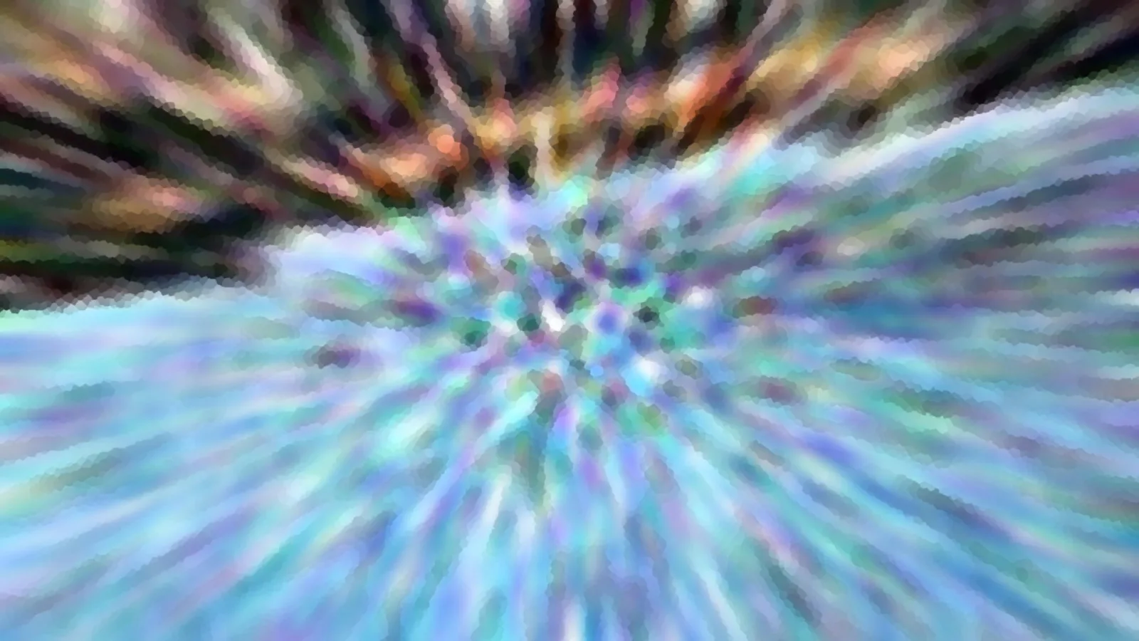 Abstrakte, radial verwischte Komposition in Türkis, Blau, Violett und Orange mit dunklen Rändern.