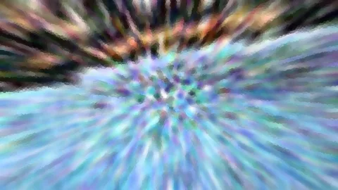 Abstrakte, radial verwischte Komposition in Türkis, Blau, Violett und Orange mit dunklen Rändern.