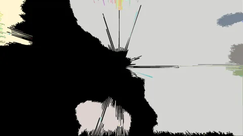 Abstrakte schwarze Form mit ausgefransten Rändern und fein gezogenen Pixelstreifen auf hellgrauem Grund, oben Farbspuren, unten ein rosafarbener Fleck.