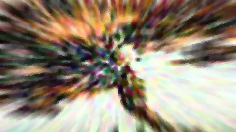 Abstrakte Komposition aus bunten, radial vom Zentrum ausstrahlenden Farbstreifen in Grün, Orange, Lila und Weiß, leicht verpixelt.