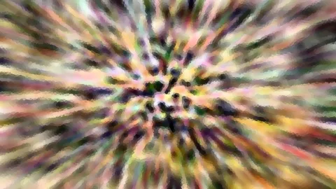 Abstrakte Komposition aus bunten, pixeligen Streifen, die von einem dunklen Zentrum radial nach außen laufen.