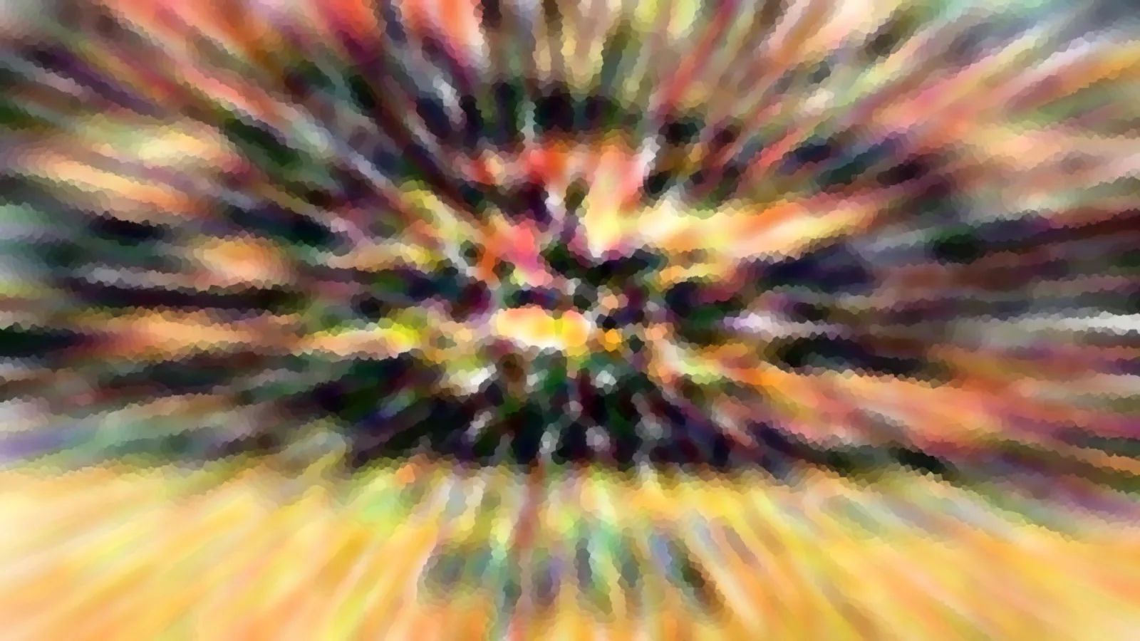 Abstrakte Komposition aus bunten Farbstrahlen, die von der Bildmitte radial nach außen laufen, mosaikartig gepixelt.