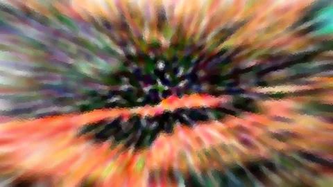 Abstrakte radiale Unschärfe mit orangen, grünen und violetten Streifen, die von einem dunklen Zentrum nach außen laufen.