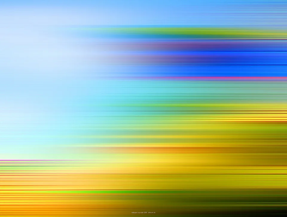 Abstrakte horizontale Streifen in Blau, Grün, Gelb und Gold, die nach rechts verwischen; links eine helle, fast weiße Fläche.