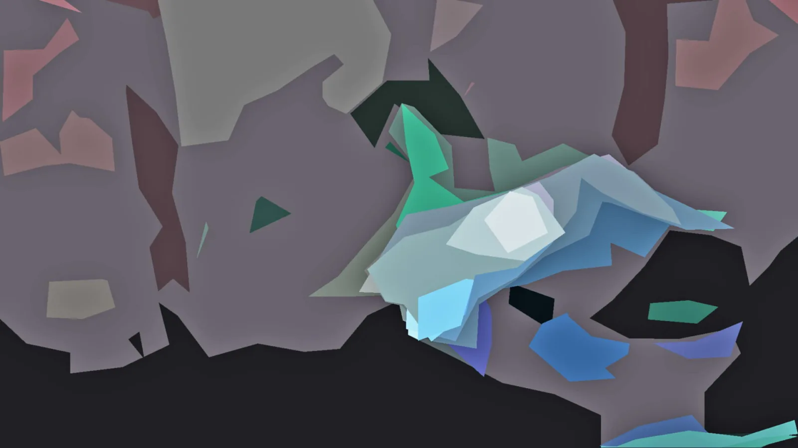 Abstrakte Komposition aus flächigen, kantigen Formen in Blau, Türkis, Grau und Rosa auf grau-violettem Grund, unten in Schwarz übergehend.