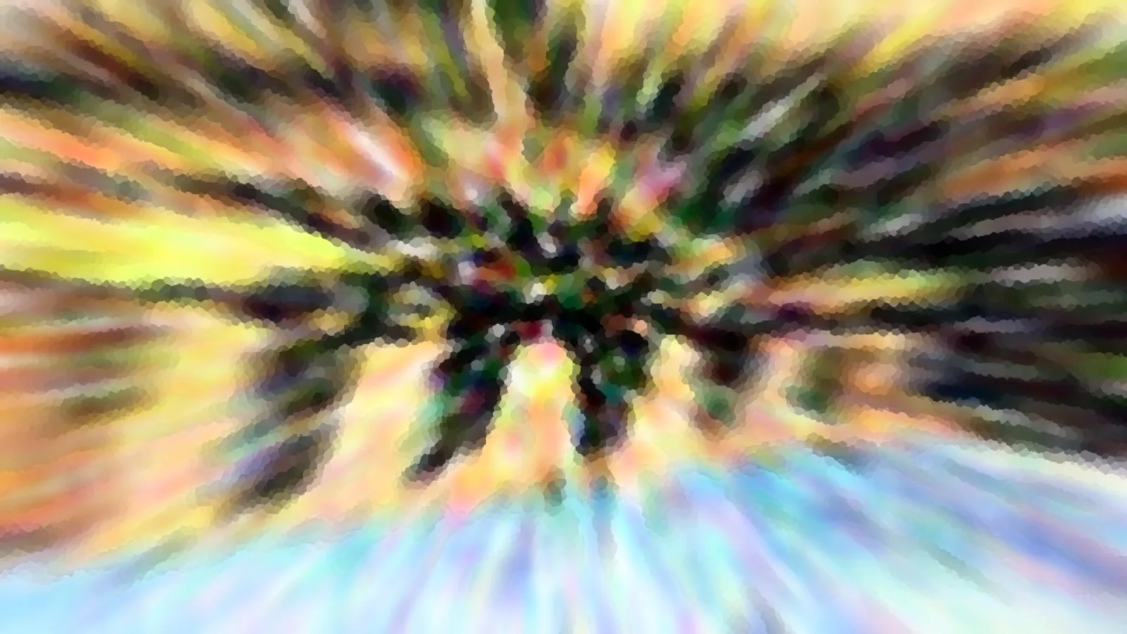 Abstrakte Komposition aus bunten, radial nach außen verlaufenden Schlieren in Gelb, Grün und Blau um ein dunkles Zentrum.