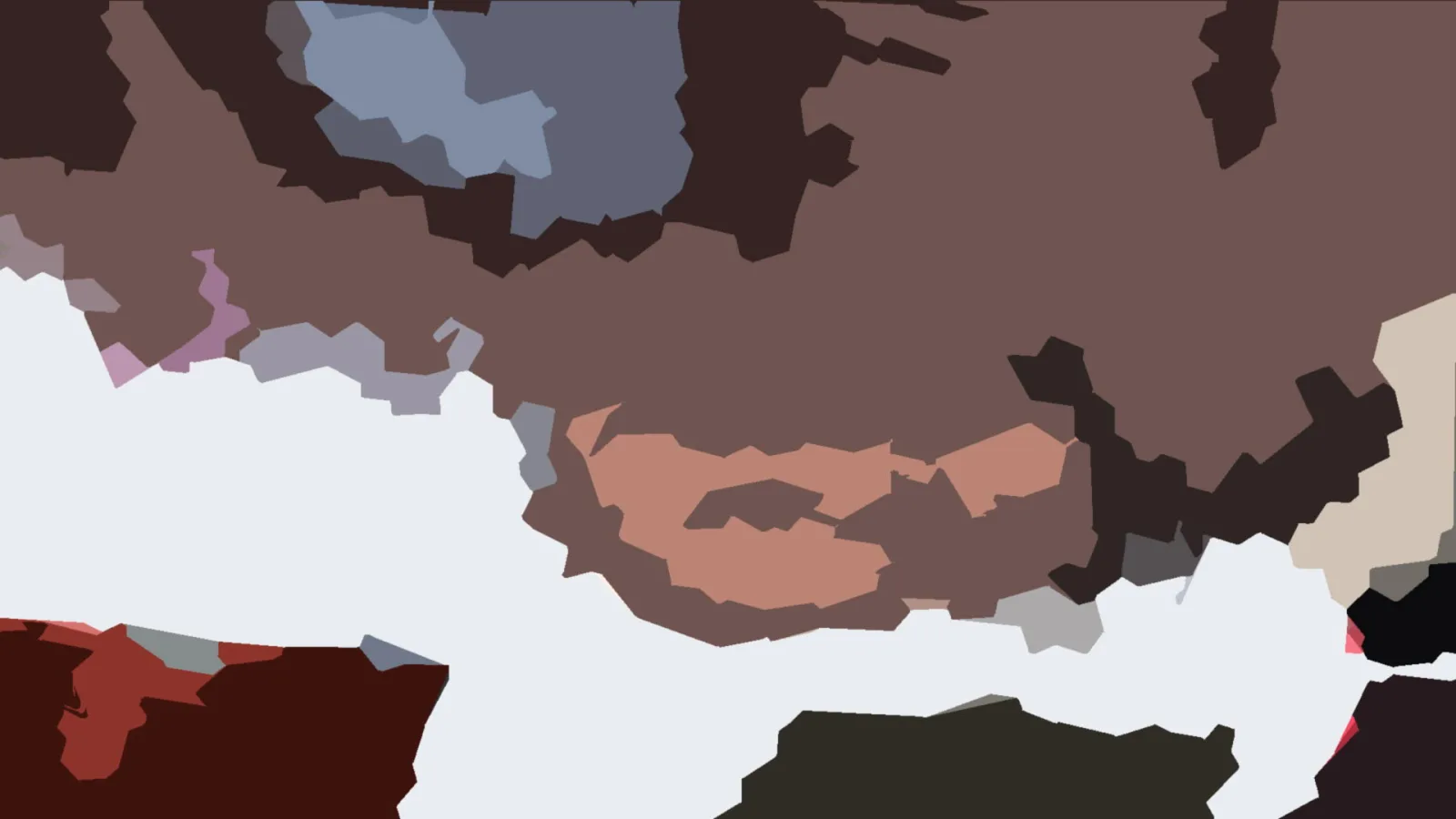 Abstrakte Komposition aus flachen, unregelmäßigen Farbflächen in Braun, Weiß, Graublau, Rosa und Rostrot.