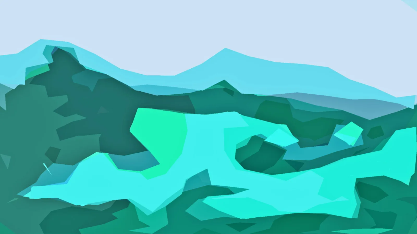 Abstrakte Landschaft aus türkisfarbenen und grünen Flächen, oben hellblauer Himmel, darunter gezackte Bergkämme.