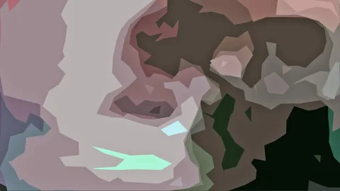 Abstrakte Komposition aus grauen, rosafarbenen und dunkelgrünen Flächen mit einem mintfarbenen Streifen im unteren Bereich.