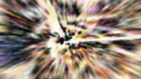 Abstrakte Komposition aus bunten Streifen, die radial von einem dunklen Zentrum nach außen laufen, mit grober mosaikartiger Pixelstruktur.