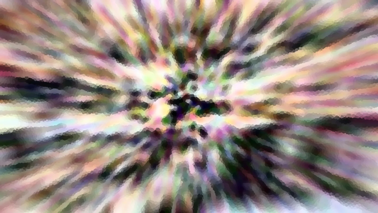 Abstrakte Komposition aus bunten, radial vom dunklen Zentrum nach außen verlaufenden Farbstreifen, mosaikartig gepixelt.