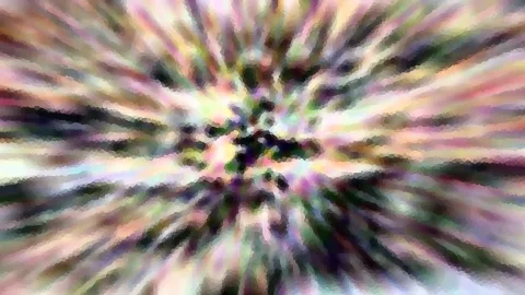 Abstrakte Komposition aus bunten, radial vom dunklen Zentrum nach außen verlaufenden Farbstreifen, mosaikartig gepixelt.
