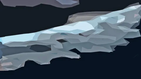 Abstrakte, facettierte Form in Hellblau und Grau schwebt diagonal über einem nahezu schwarzen Hintergrund.