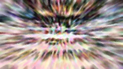 Abstrakte Komposition aus radial von der Mitte nach außen verlaufenden, verwischten Streifen in Pastell-, Grün- und Violetttönen, mit mosaikartiger Körnung.