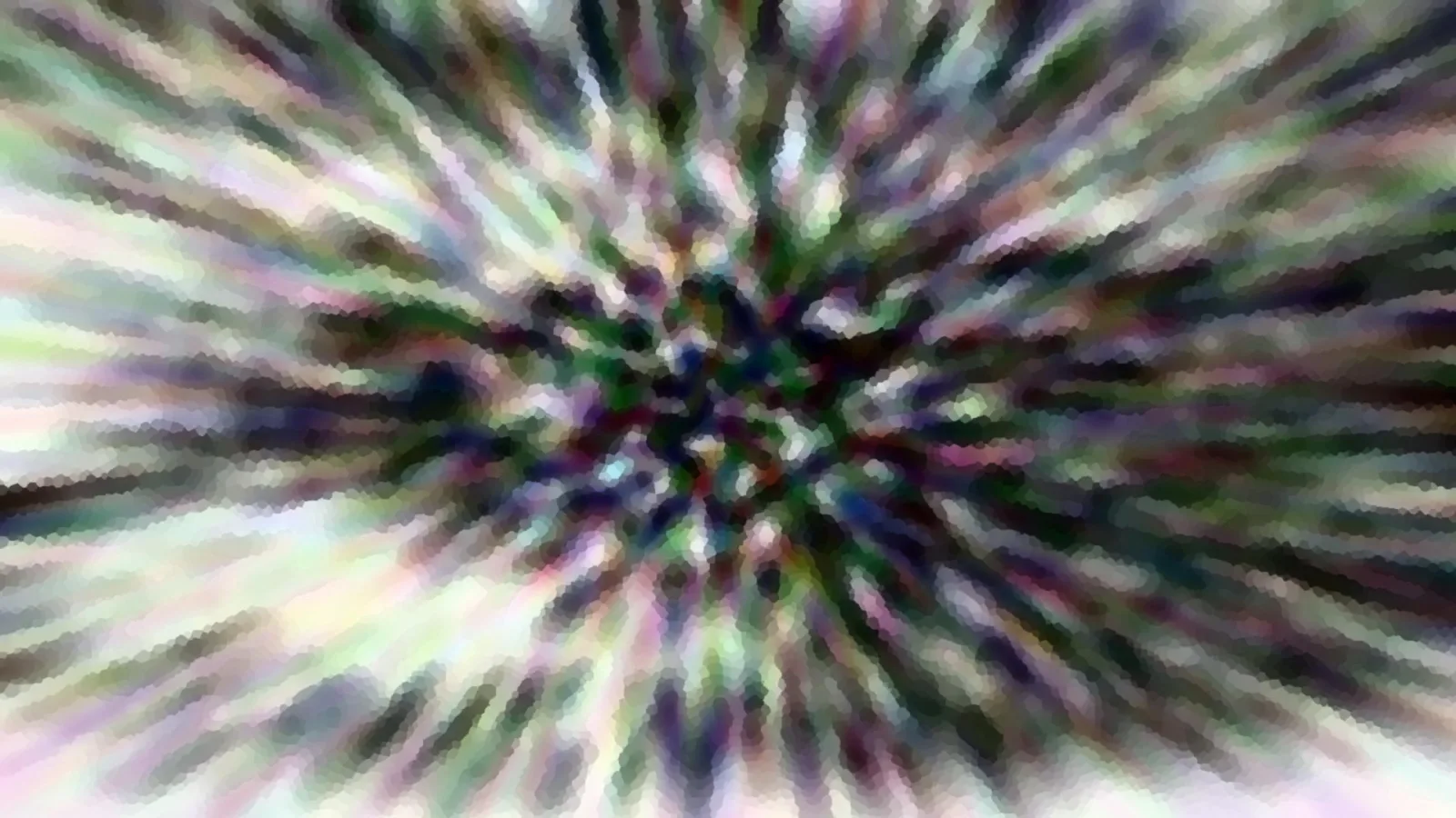 Abstrakte Komposition mit radial von einem dunklen Zentrum nach außen verlaufenden Streifen in Grün, Violett und Weiß, leicht mosaikartig pixelig.
