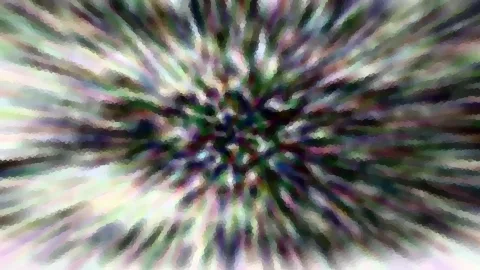 Abstrakte Komposition mit radial von einem dunklen Zentrum nach außen verlaufenden Streifen in Grün, Violett und Weiß, leicht mosaikartig pixelig.