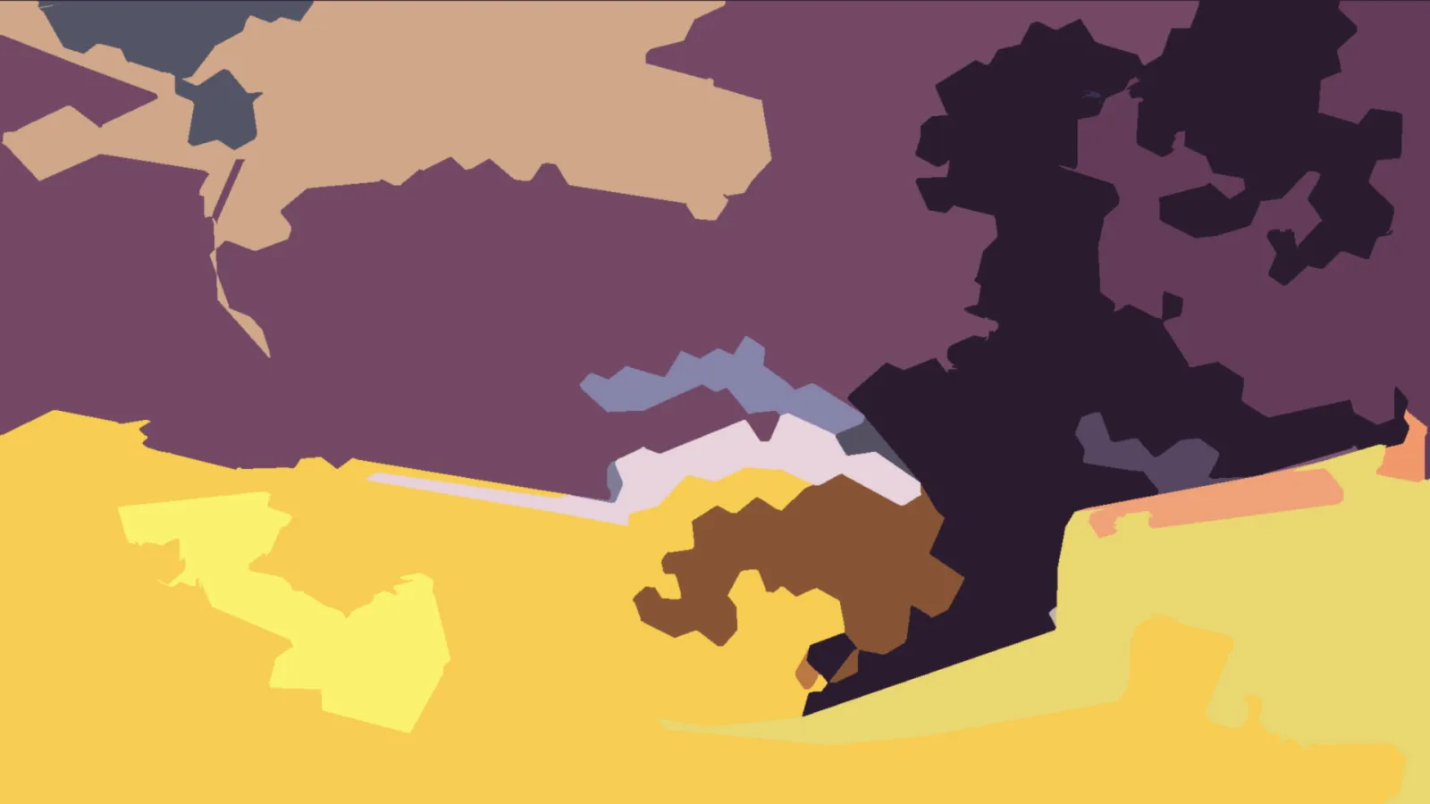 Abstrakte Komposition aus flachen Farbflächen: violetter Hintergrund, eine große schwarze Form rechts, gelbe und braune Flächen im unteren Bereich.