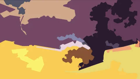 Abstrakte Komposition aus flachen Farbflächen: violetter Hintergrund, eine große schwarze Form rechts, gelbe und braune Flächen im unteren Bereich.