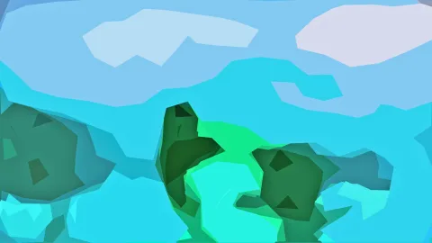 Abstrakte Komposition aus facettierten blauen und grünen Flächen, oben helle Wolkenformen, unten dunkelgrüne Büsche.