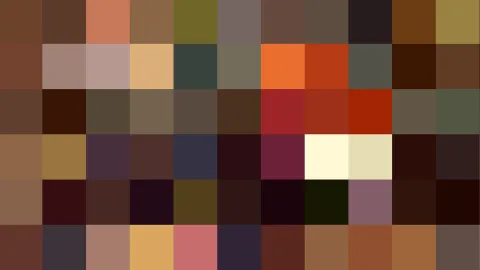 Mosaik aus quadratischen Farbfeldern in Braun, Rot, Ocker, Oliv und Dunkelblau in sechs Zeilen.
