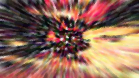 Abstraktes Bild mit radial verlaufenden bunten Streifen in Rot, Gelb und Grün, im Zentrum dunkel und fleckig.