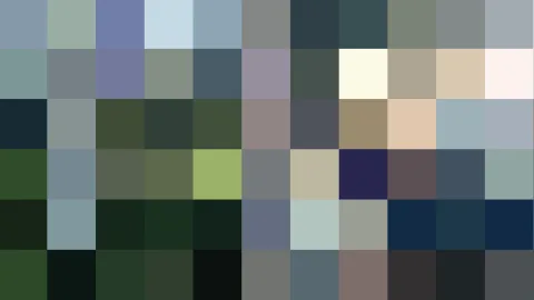 Raster aus 11 mal 6 quadratischen Farbfeldern in gedämpften Blau-, Grün-, Grau- und Beigetönen, dazwischen einzelne helle und dunkle Felder.