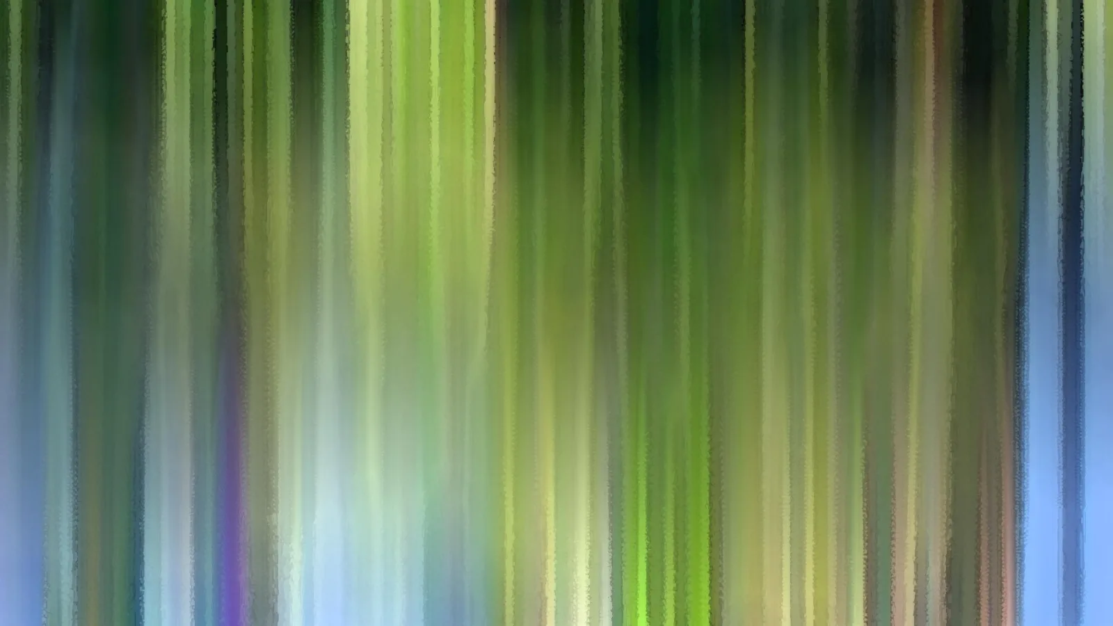 Abstrakte Komposition aus senkrechten, verwischten Streifen in Grün-, Blau- und Gelbtönen, die wie ein Wald aus Lichtbahnen wirkt.