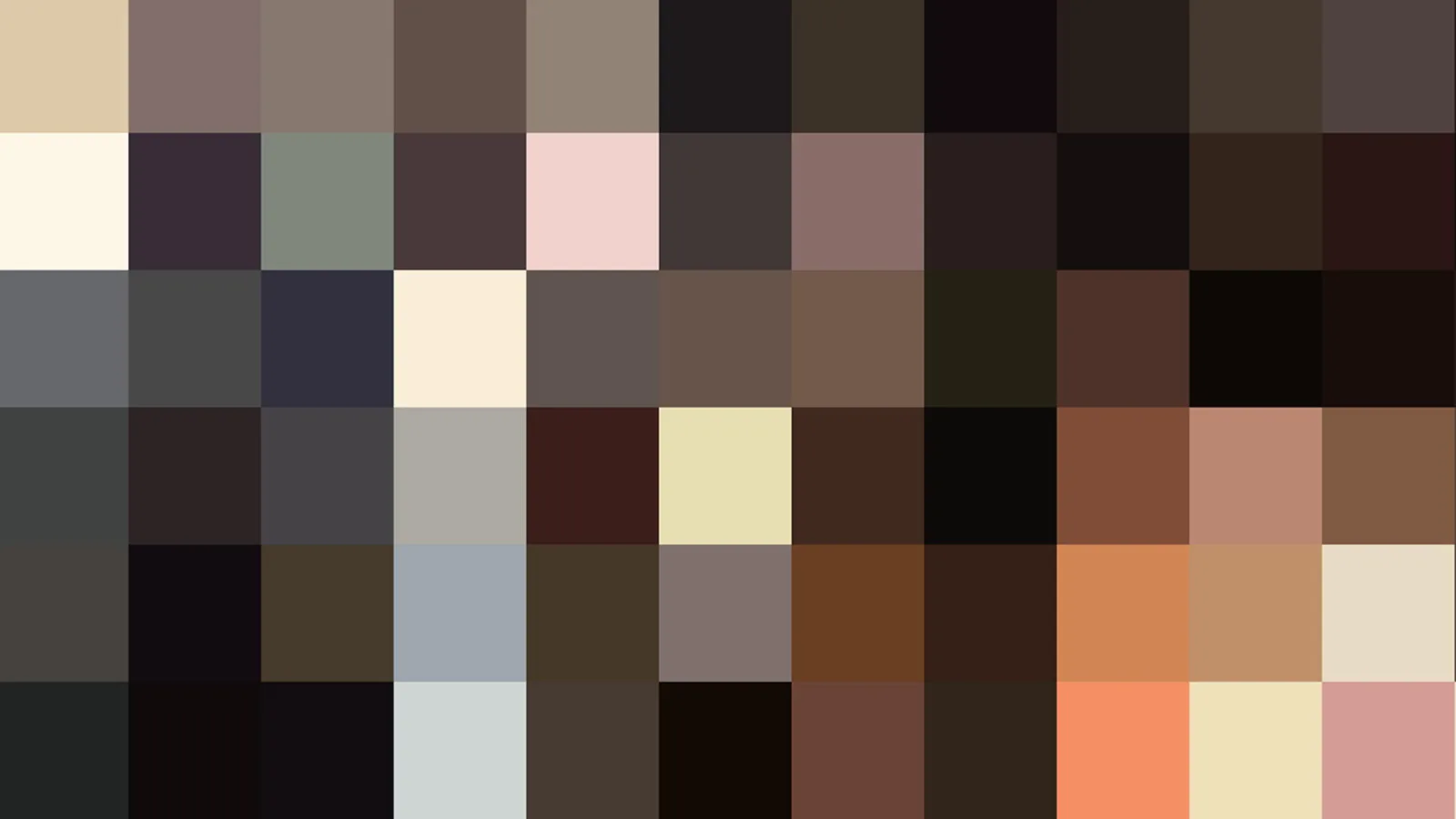 Raster aus quadratischen Farbfeldern in Braun, Beige, Schwarz und Grau, dazwischen einzelne helle Töne wie Rosa, Gelb und Hellgrau.
