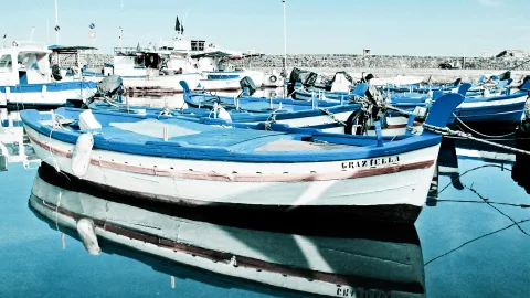 Mehrere blau-weiße Fischerboote liegen nebeneinander im ruhigen Hafenwasser, im Vordergrund ist ein Boot mit dem Schriftzug GRAZIELLA zu sehen, dahinter eine Steinmole und Himmel.
