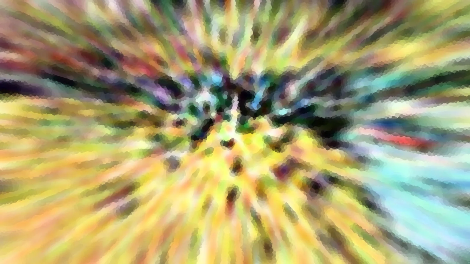 Abstrakte Komposition aus bunten Streifen, die radial von einer dunklen Mitte nach außen laufen, in Gelb, Grün, Violett und Türkis.