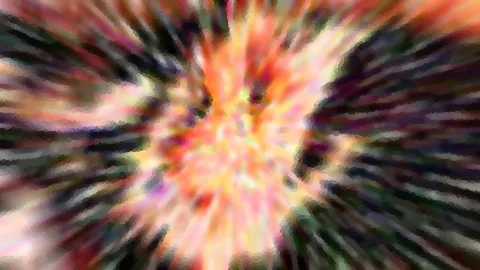 Abstrakte Komposition aus radial von einem hellen Zentrum nach außen laufenden Streifen in Orange, Rot, Gelb, Rosa und Dunkelgrün, unscharf und pixelig verwischt.
