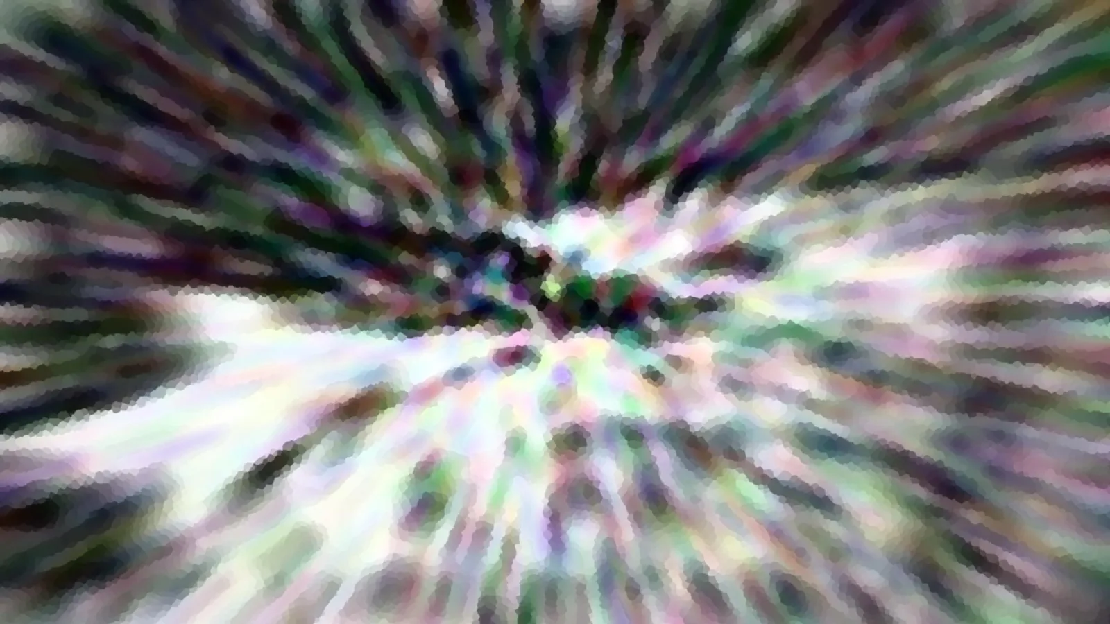 Abstrakte Komposition aus radial von einem Zentrum nach außen verlaufenden Streifen in Grün, Violett und Weiß, mit verpixelter, mosaikartiger Textur.