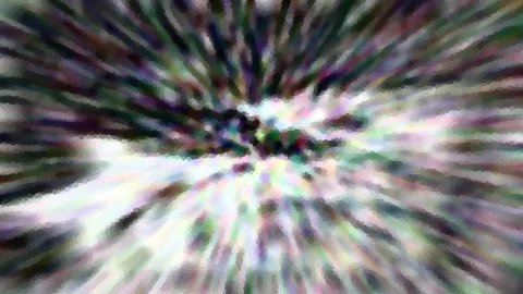 Abstrakte Komposition aus radial von einem Zentrum nach außen verlaufenden Streifen in Grün, Violett und Weiß, mit verpixelter, mosaikartiger Textur.