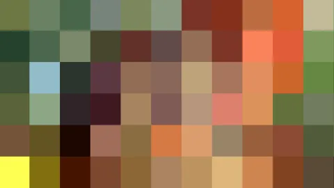 Abstrakte Komposition aus einem Raster quadratischer Farbfelder in Grün, Braun, Orange, Rot und Gelb, ohne erkennbare Figuren.