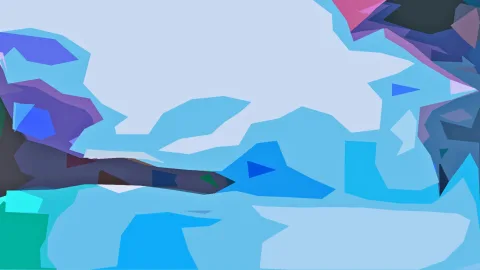 Abstrakte Komposition aus unregelmäßigen Flächen in Hellblau, Blau, Violett und Türkis, mit einzelnen pinken und dunklen Akzenten.