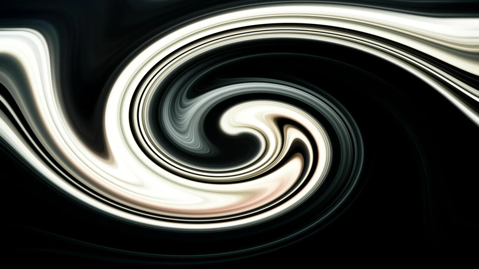 Abstrakte Spirale aus glänzenden weißen und grauen Schlieren auf schwarzem Hintergrund.